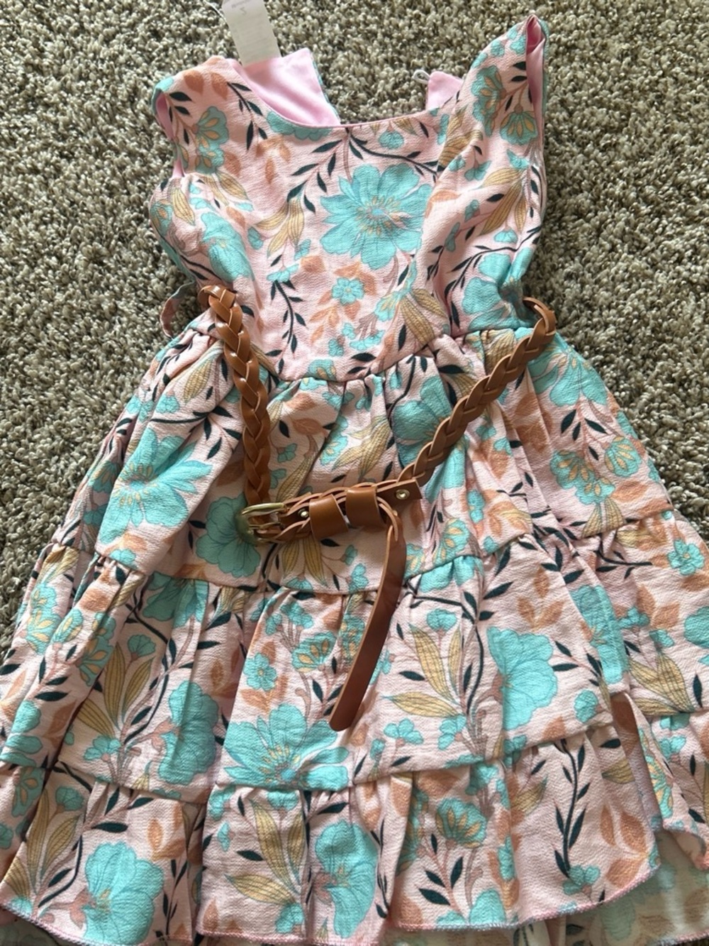 Girls' Pink Floral Tiered Dress with Mint Bouquet